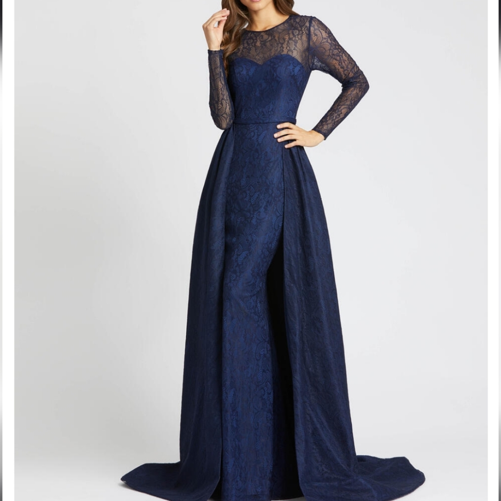 Mac Duggal Long Sleeve Lace Illusion Neck and Overskirt Ball Gown Navy Size 8